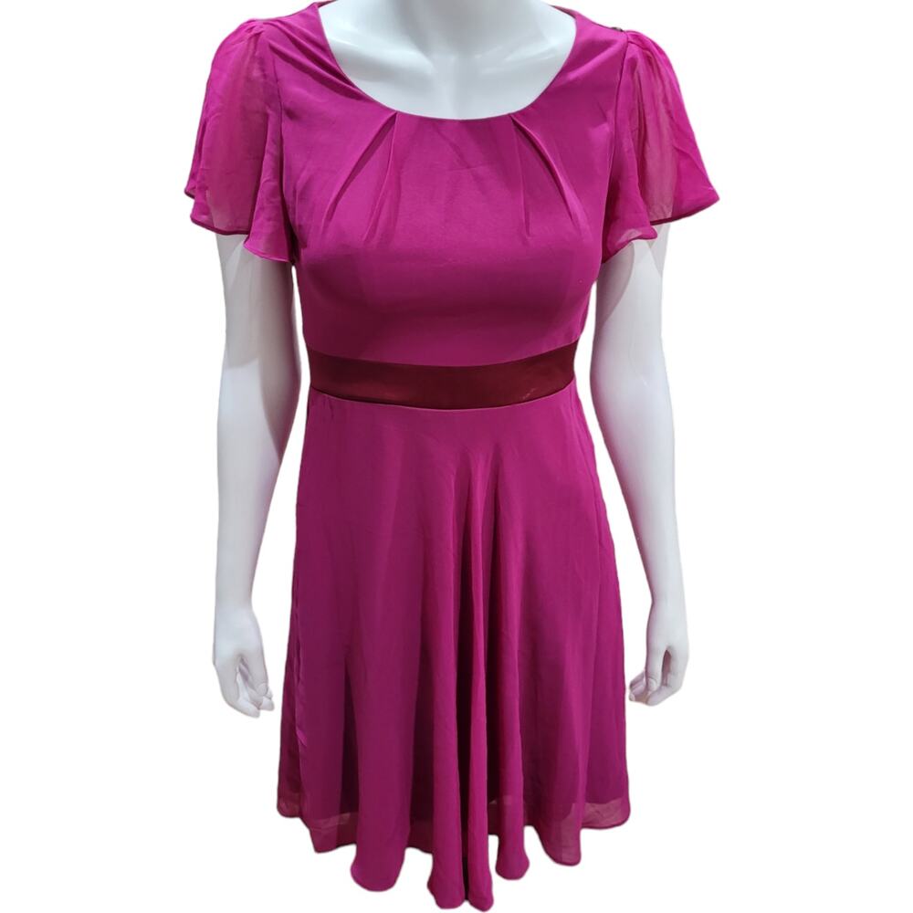 Fuchsia Fit Flare Dress Sz 6 Wedding Guest Church Modest Flutter Sleeve Pink